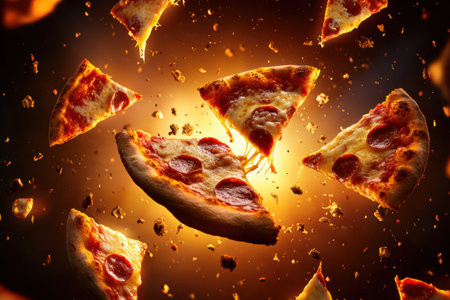 Pepperoni pizza slices soar through the air, generating excitement and energy in a striking background, ideal for a fun culinary project.の素材