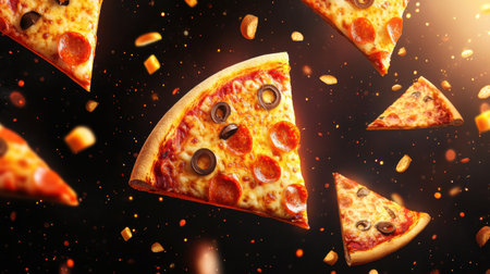 Delicious pizza slices soar through the air, enhancing a lively atmosphere for a culinary celebration or event focused on Italian food.の素材