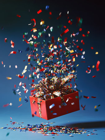 Colorful confetti and ribbons erupt from an open gift box, capturing the excitement and joy of a celebratory event.の素材