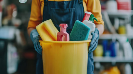 A cleaning lady organizes her tools in a plastic bucket, ready to tackle various cleaning tasks with sponges and sprays.の素材