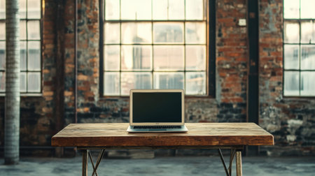 A laptop is placed on a wooden table in a bright industrial setting, showing large windows and exposed brick walls.の素材