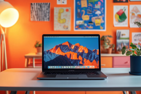 A sleek laptop sits on a minimalist desk surrounded by colorful artwork and greenery, creating an inviting workspace.の素材