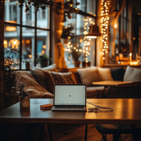 A laptop rests on a wooden table in a cozy cafの素材