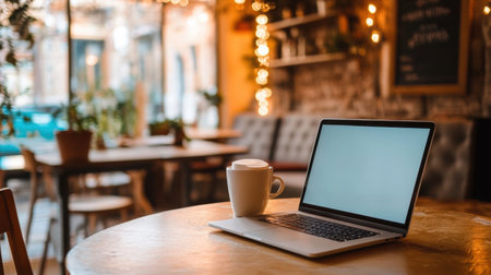 A laptop rests on a table next to a coffee cup, set in a warm and inviting cafの素材