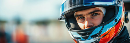 A focused professional racer wearing a helmet looks determined, ready to give his best before the race starts at the circuit.の素材