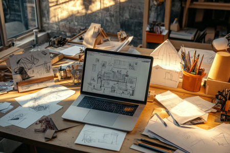 A workspace filled with sketches and design materials, highlighted by a laptop showing architectural plans under evening light.の素材