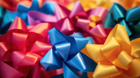 Bright ribbons and bows in various colors intersect elegantly, creating a festive atmosphere suitable for celebrations and events.の素材