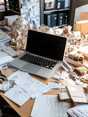 An organized chaos of sketches, cardboard models, and a laptop on a workspace, showing the creative process behind project development.の素材