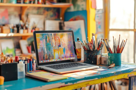 The workspace is filled with a laptop, art supplies, and colorful decorations, creating an inspiring and vibrant atmosphere for creativity.の素材