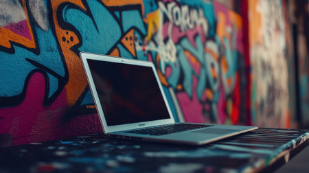 A laptop is placed on a metal surface near a colorful graffiti wall, creating an inspiring atmosphere in the city.の素材
