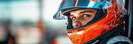 A focused professional racer, wearing a helmet, gazes intensely ahead, ready for the challenging race ahead in the paddock.の素材