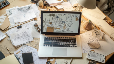 An organized yet chaotic desk filled with sketches, design materials, and a laptop showing ongoing work during a creative session.の素材