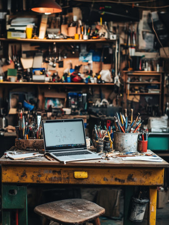 A cluttered yet inviting workspace showcases a laptop among tools, paintbrushes, and supplies, highlighting creativity in action.の素材