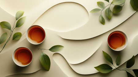 Three elegant tea cups sit among graceful lines and lush tea leaves, creating a soothing and harmonious ambiance for relaxation.の素材