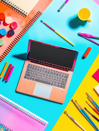 A bright and lively workspace features a laptop surrounded by various art supplies and colorful stationery, perfect for creativity.の素材