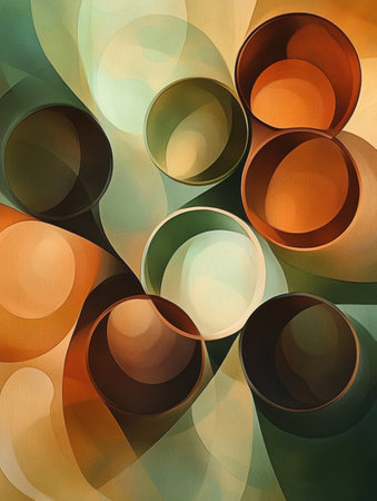 Circular shapes in warm browns and greens evoke a tranquil atmosphere, reminiscent of a peaceful tea gathering during the afternoon.の素材