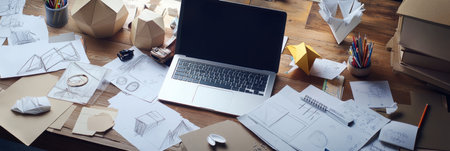A laptop sits on a wooden table cluttered with sketches, origami models, stationery, and design materials reflecting an artistic environment.の素材