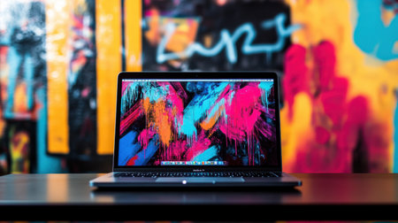 A laptop with a colorful abstract background open on a table highlights a creative workspace filled with vibrant graffiti.の素材