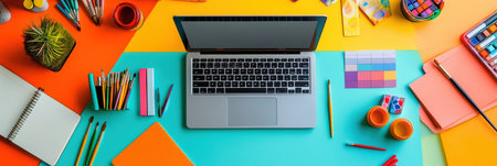 A vibrant workspace features a laptop surrounded by colorful stationery, art supplies, and creative tools on a lively desk.の素材