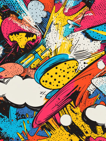 Colorful comic-style doodles feature dynamic explosions, vibrant speech bubbles, and playful sound effects, creating an energetic atmosphere.の素材