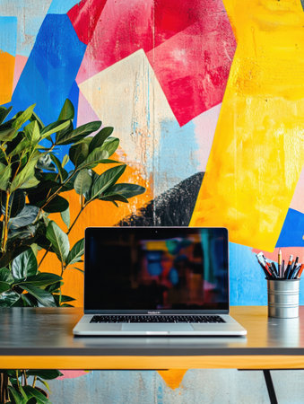 A sleek laptop is positioned on a minimalist desk beside a lush plant, contrasting with a bright mural backdrop filled with bold colors.の素材