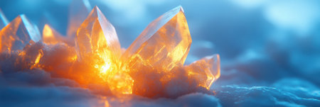 Geometric icy crystals emit a warm glow, reflecting abstract patterns in a serene blue setting, creating a stunning visual effect.の素材