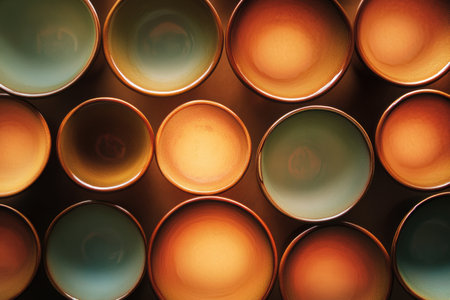 Circular tea cups in warm brown and green tones are beautifully arranged on a wooden surface, inviting for a tranquil tea time experience.の素材