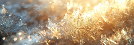 Glowing icy shades form intricate snowflake shapes as warm light casts a beautiful ambiance in a winter setting.の素材