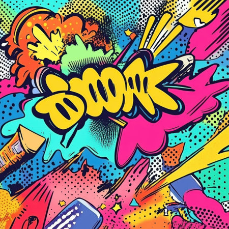 Vibrant doodles burst with sound effects like boom and bam, capturing the excitement of an animated comic scenario.の素材