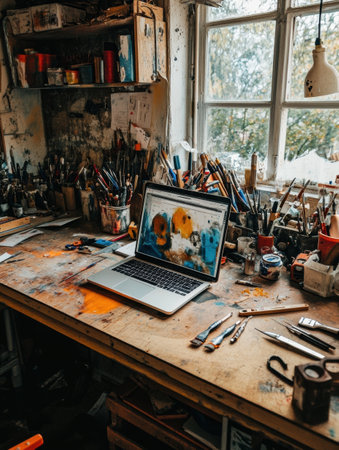 A cluttered desk features a laptop displaying bright artwork, surrounded by various art supplies and tools in a cozy setting.の素材