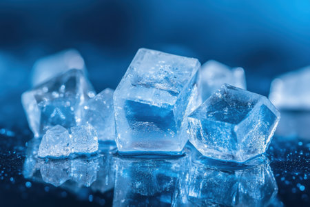 Icy crystals glimmer and reflect light on a smooth blue surface, revealing a mesmerizing display of geometric shapes and textures.の素材