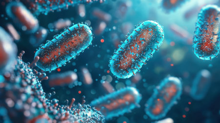 A detailed look at bacteria suspended in a bright, lively environment, highlighting their unique shapes and structures at a microscopic level.の素材