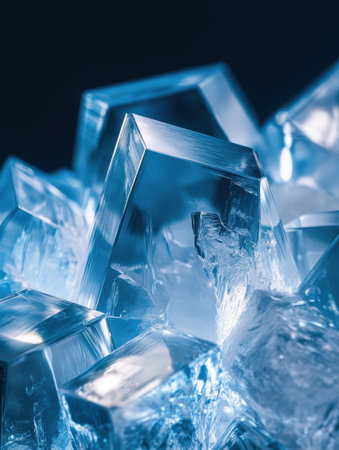 The striking geometric icy crystals emit an ethereal glow, reflecting abstract patterns against a rich blue background.の素材