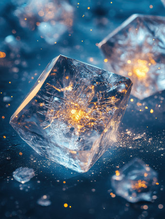 Intricate icy crystals shimmer with glowing reflections, creating an ethereal atmosphere against a deep blue backdrop.の素材