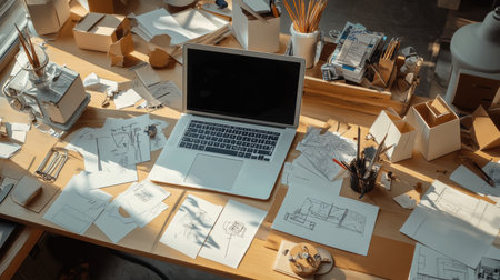 A clean workspace features a laptop surrounded by sketches, tools, and art supplies, all bathed in soft afternoon light.の素材