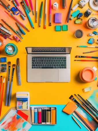 A vibrant workspace showcases a laptop at the center, surrounded by an array of colorful art supplies and tools on a bright yellow surface.の素材
