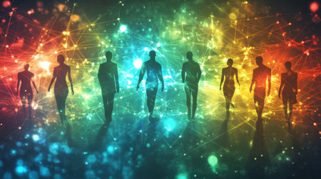 Silhouettes of individuals progress through a vibrant digital space, illuminated by dynamic colors and patterns, evoking a sense of movement.の素材