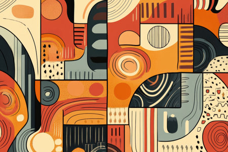 This artwork showcases a vibrant doodle design with warm tones and retro patterns reminiscent of the colorful styles of the 70s and 80s.の素材