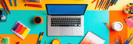 A colorful workspace features a laptop surrounded by various art supplies and materials, providing inspiration for creativity.の素材