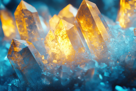 Icy crystals emit a warm glow, reflecting light in intricate patterns against a rich blue backdrop, creating an enchanting atmosphere.の素材