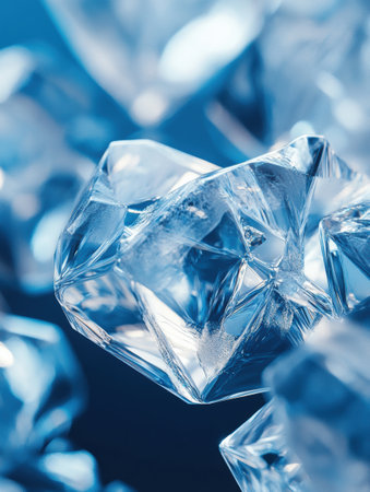 Glowing geometric icy crystals reflect light beautifully against a tranquil blue background, creating an abstract winter wonderland.の素材