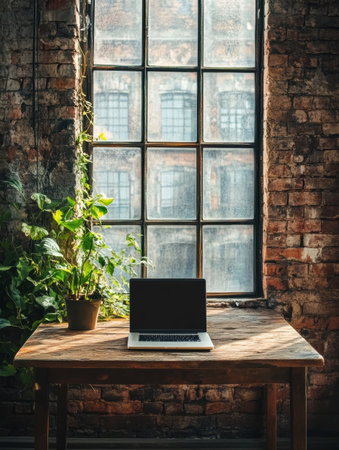 A wooden table features a laptop and a potted plant, bathed in sunlight from large windows with a rustic brick background.の素材