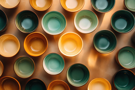 Circular tea cups in shades of warm brown and green are artistically arranged, evoking a sense of comfort ready for tea time enjoyment.の素材