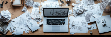 A laptop is surrounded by crumpled papers and sketches, indicating a busy creative process and focus on brainstorming ideas.の素材