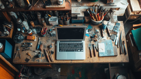 A laptop sits at the center of a busy workspace filled with various tools, brushes, and supplies, showcasing an artist's environment.の素材