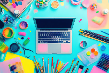 A laptop is at the center of a colorful workspace filled with art supplies, paint, and brushes, creating an inspiring atmosphere.の素材