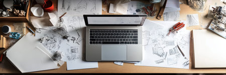 A well-used wooden desk features a laptop among various sketches, pens, and papers, reflecting a busy creative atmosphere.の素材