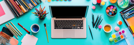 A vibrant workspace features a laptop at the center, surrounded by various art supplies, colorful paints, and brushes for creativity.の素材