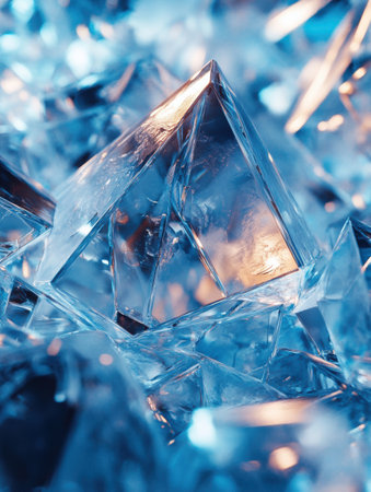 Intricate icy crystals sparkle and reflect light, creating a mesmerizing array of abstract shapes against a serene blue backdrop.の素材