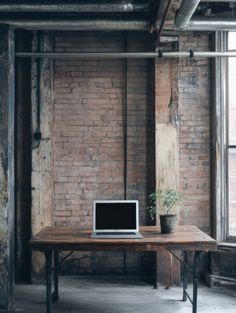 A sleek laptop rests on a wooden table in a cozy workspace featuring exposed brick and a small green plant beside it.の素材